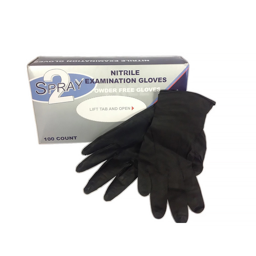 2SPRAY Black Nitrile Powder Free Gloves x 100 Box L XL XXL Sizes