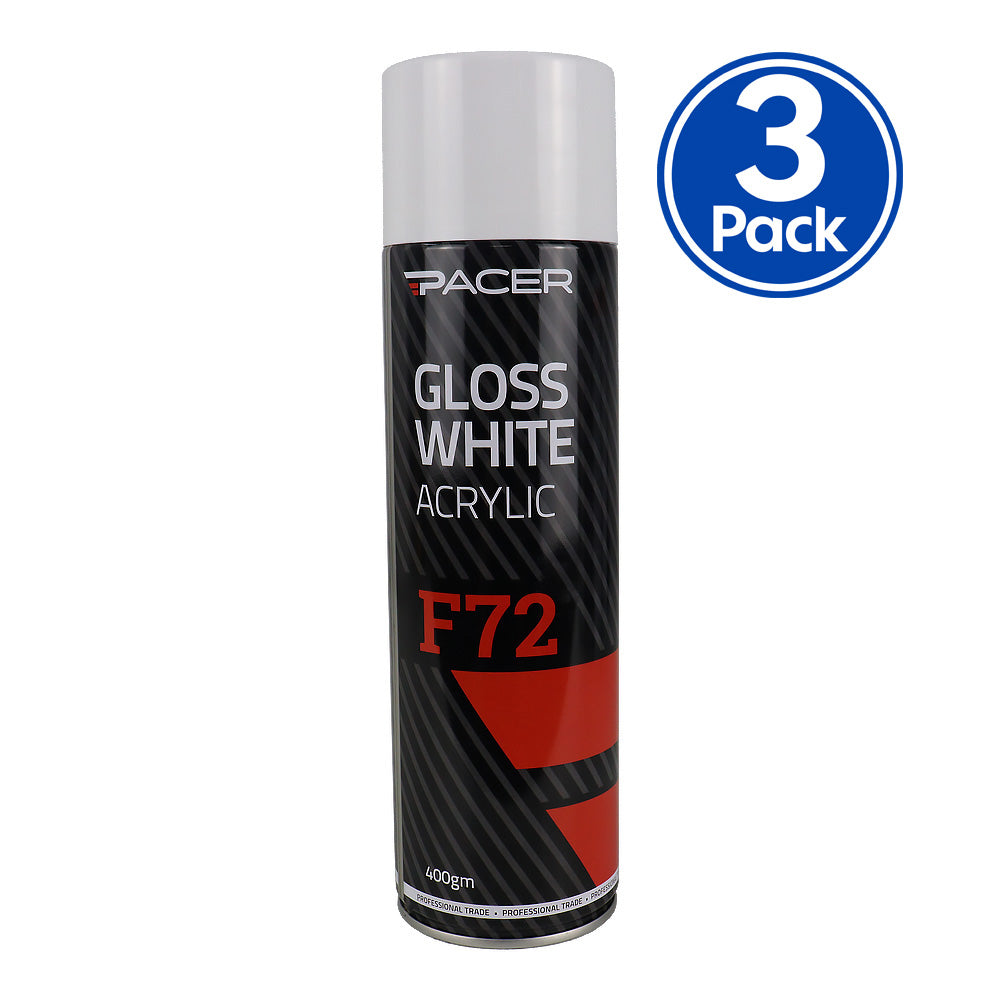 PACER F72 Gloss White Acrylic 400gm Automotive Spray Paint Fast Drying x3