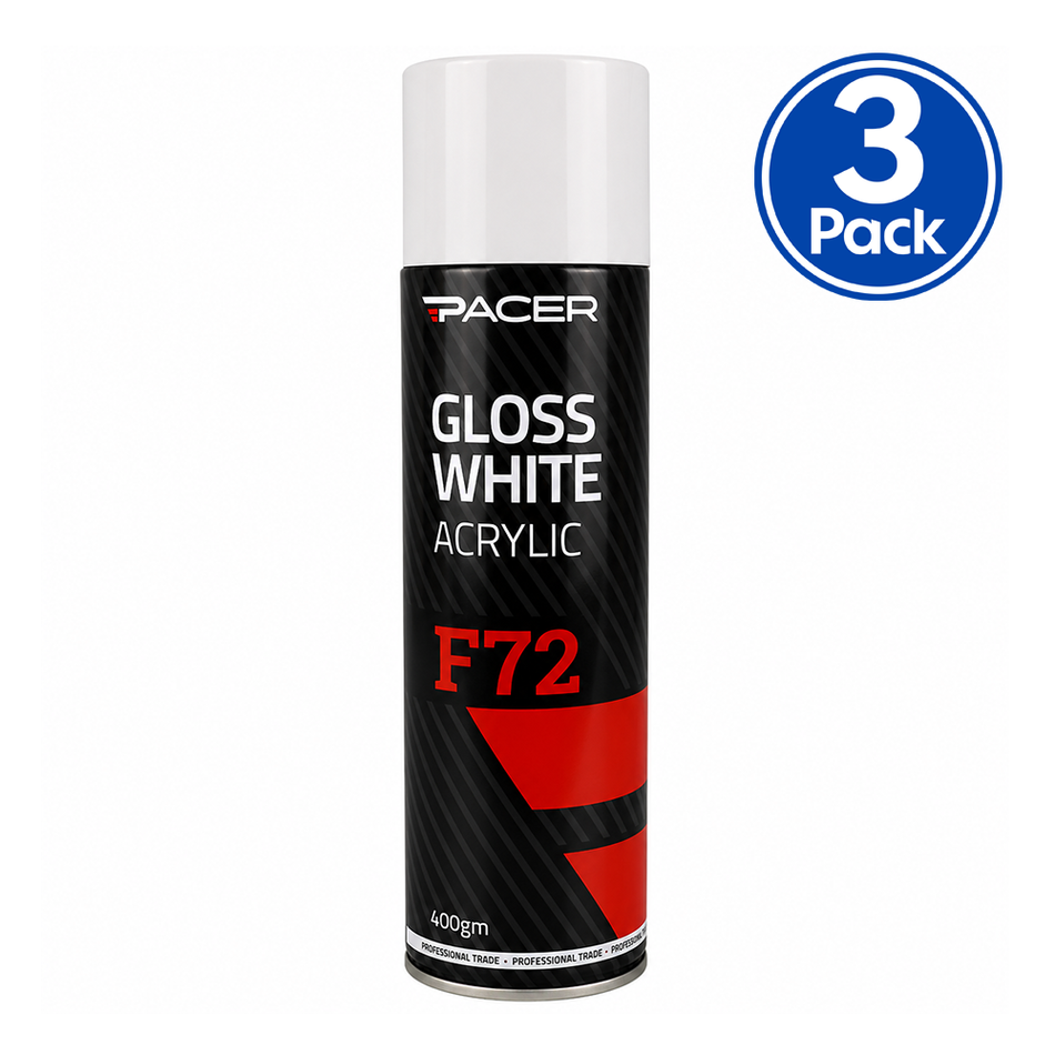 PACER F72 Gloss White Acrylic 400gm Automotive Spray Paint Fast Drying x3