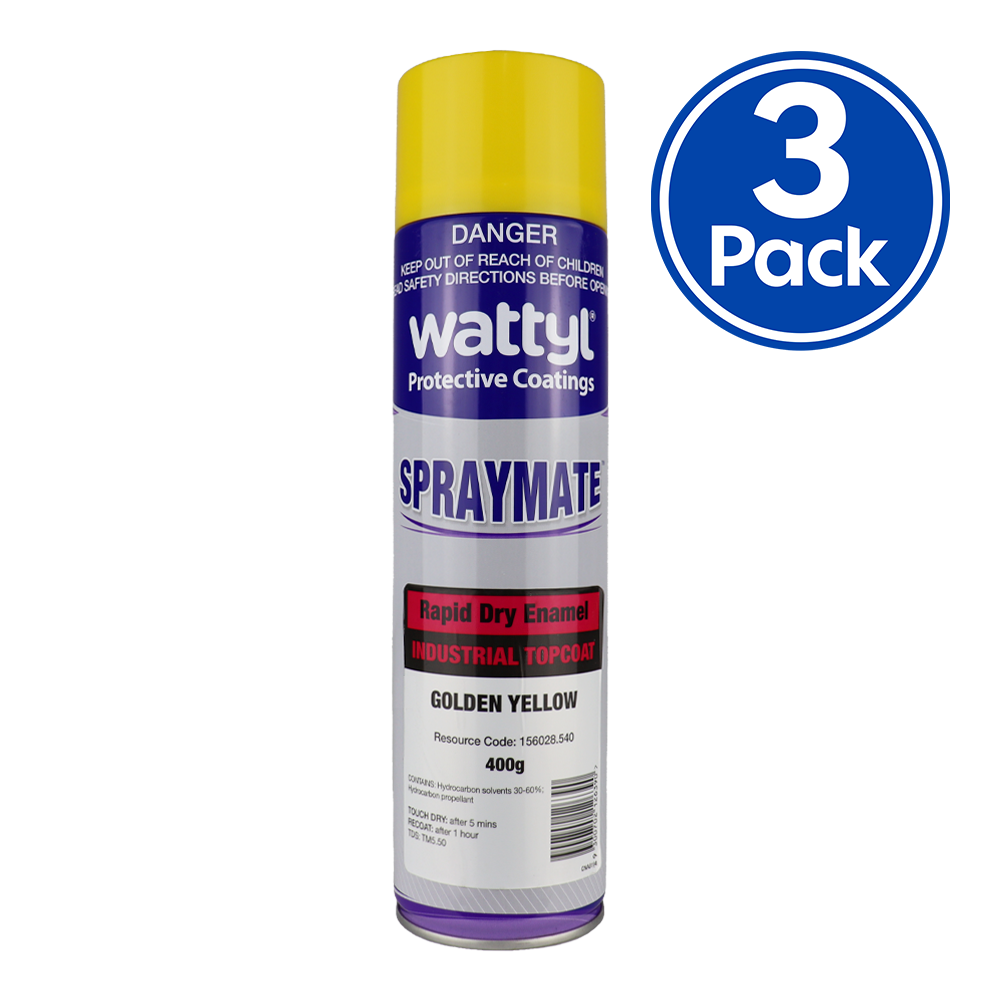 WATTYL Spraymate Industrial 1K Enamel 400g Aerosol Y14 Golden Yellow x 3 Pack