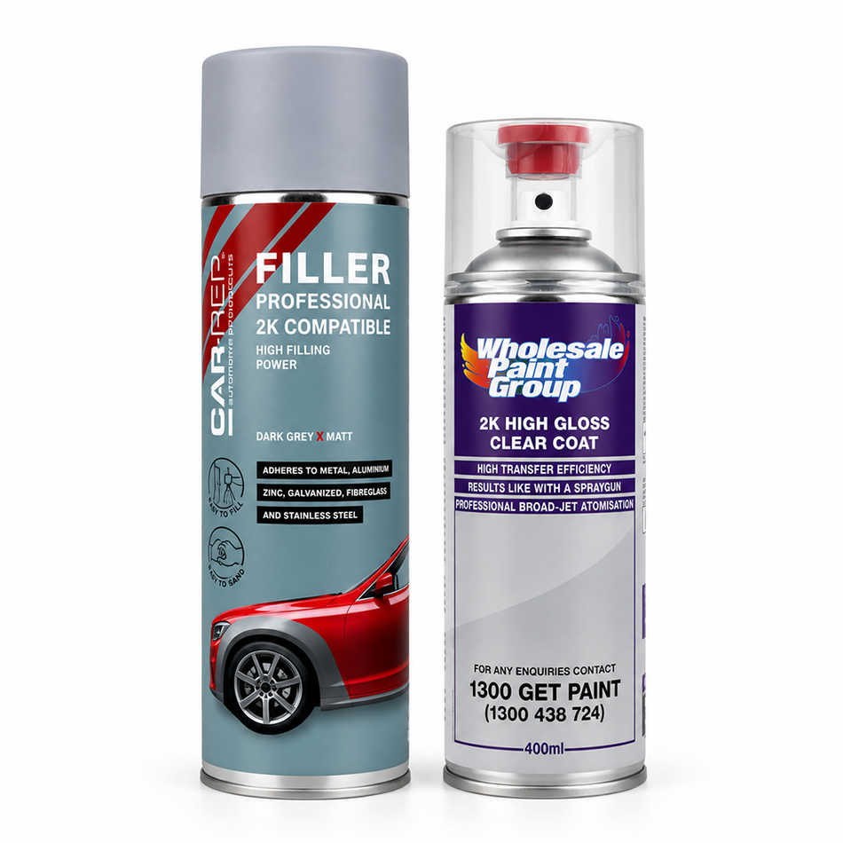 CAR-REP Grey Primer Filler 500ml and SPRAYMAX 2K Clear Coat 400ml Aerosol Kit