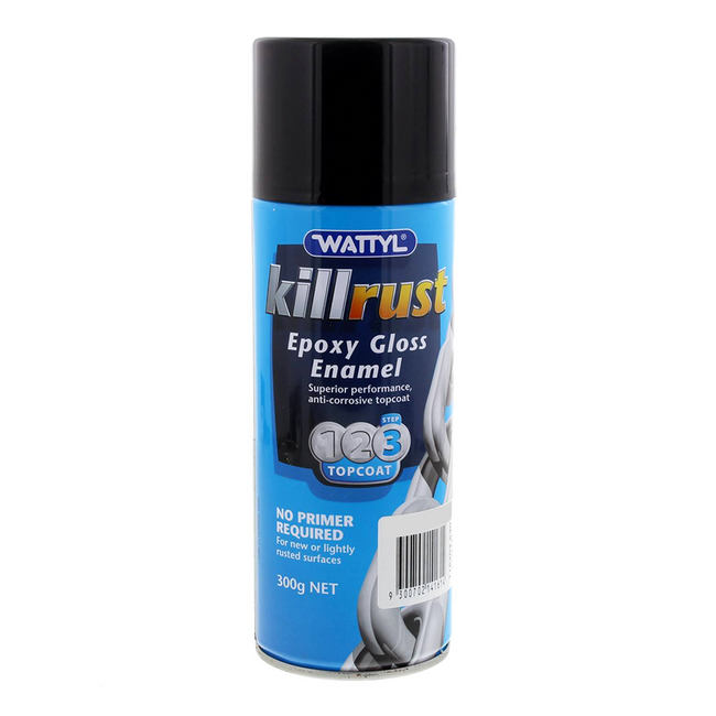 WATTYL Killrust Epoxy Gloss Enamel Spray Paint Black 300g Aerosol Metal Protection