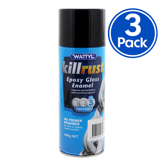WATTYL Killrust Epoxy Gloss Enamel Spray Paint Black 300g Aerosol x 3 Pack