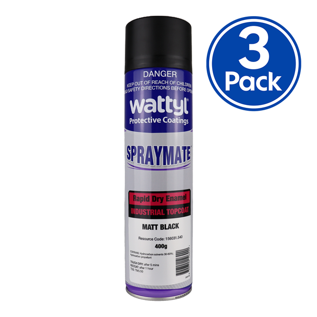 WATTYL Spraymate Industrial Quick Dry 1K Enamel Topcoat 400g Aerosol Matt Black x 3 Pack