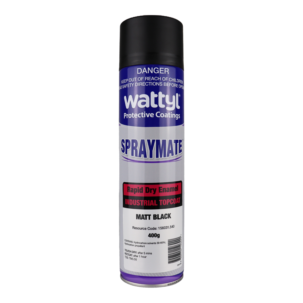WATTYL Spraymate Industrial Quick Dry 1K Enamel Topcoat 400g Aerosol Matt Black