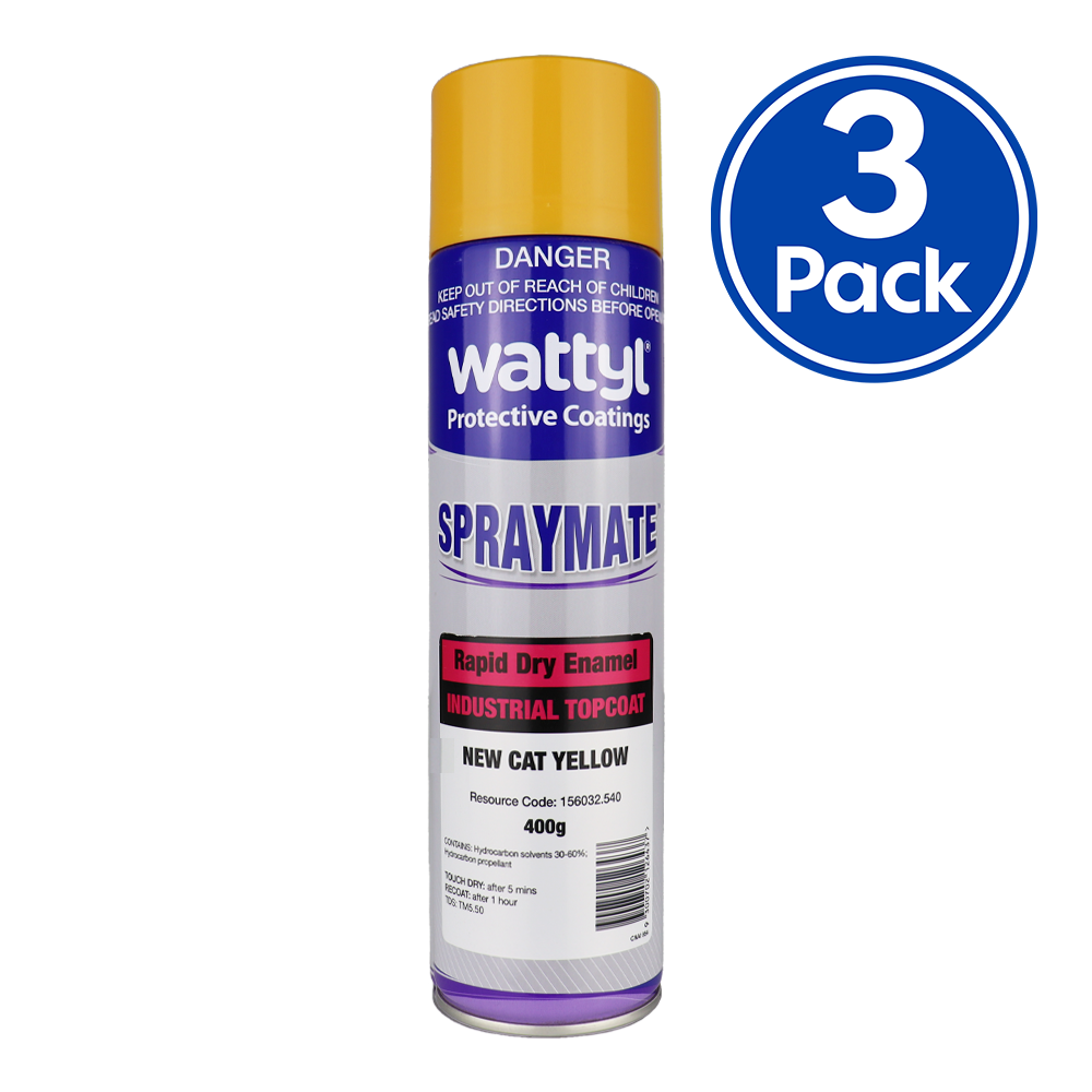 WATTYL Spraymate Industrial Quick Dry 1K Enamel 400g Aerosol New Cat Yellow x 3 Pack