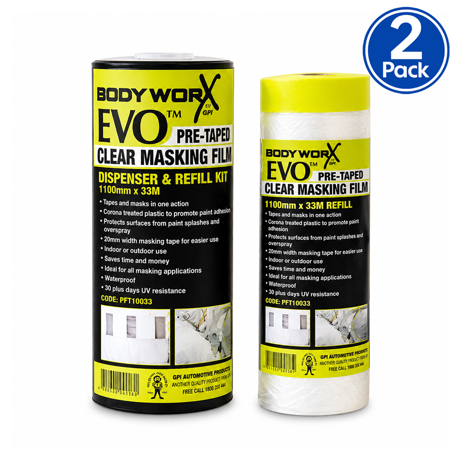 BODYWORX EVO Pre-Taped Clear Masking Film 1.1m x 33m with Dispenser 2 Pack