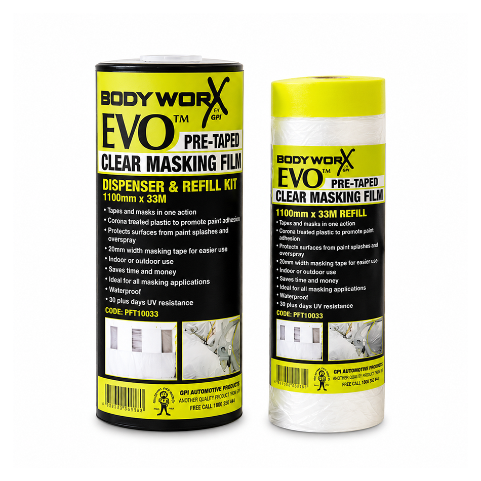 BODYWORX EVO Pre-Taped Clear Masking Film 1.1m x 33m with Dispenser 2 Pack