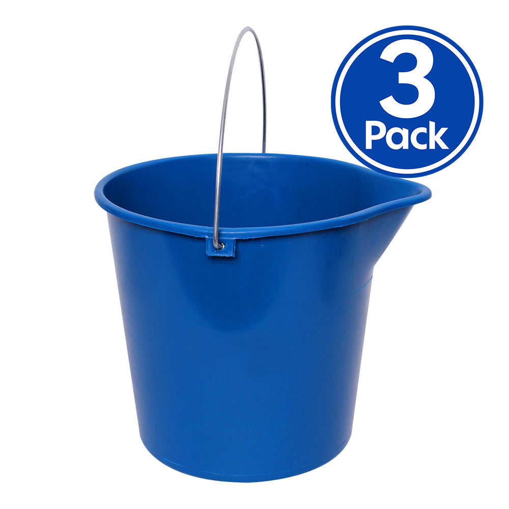SABCO Plastic Bucket 10L Blue x 3 Pack Metal Handle Spout Round General Purpose