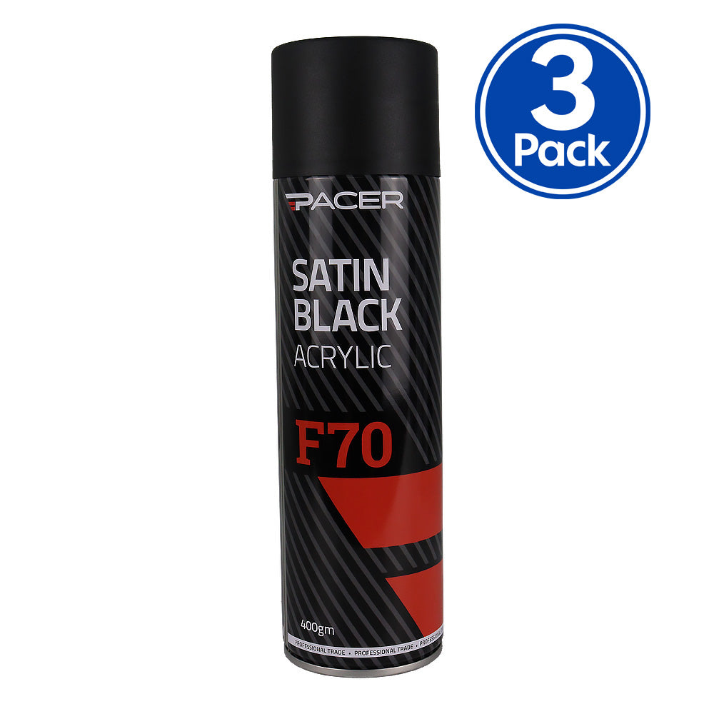 PACER F70 Satin Black Acrylic 400gm Automotive Spray Paint Durable Finish x3