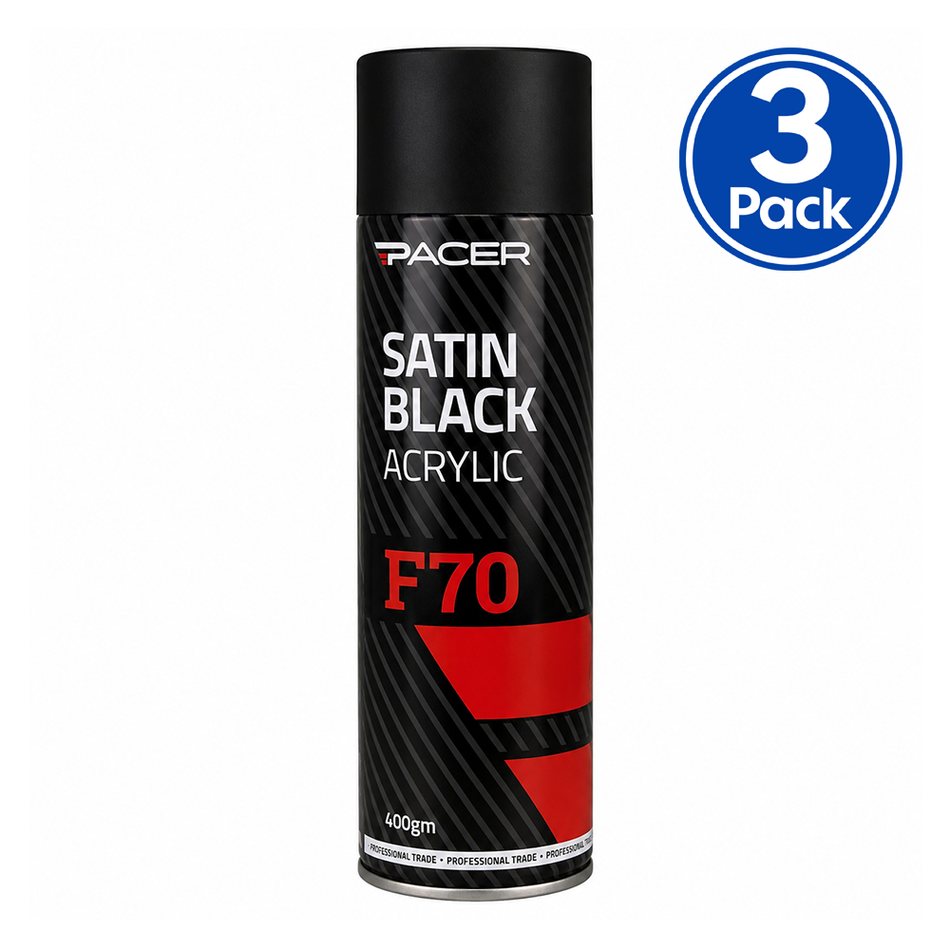 PACER F70 Satin Black Acrylic 400gm Automotive Spray Paint Durable Finish x3