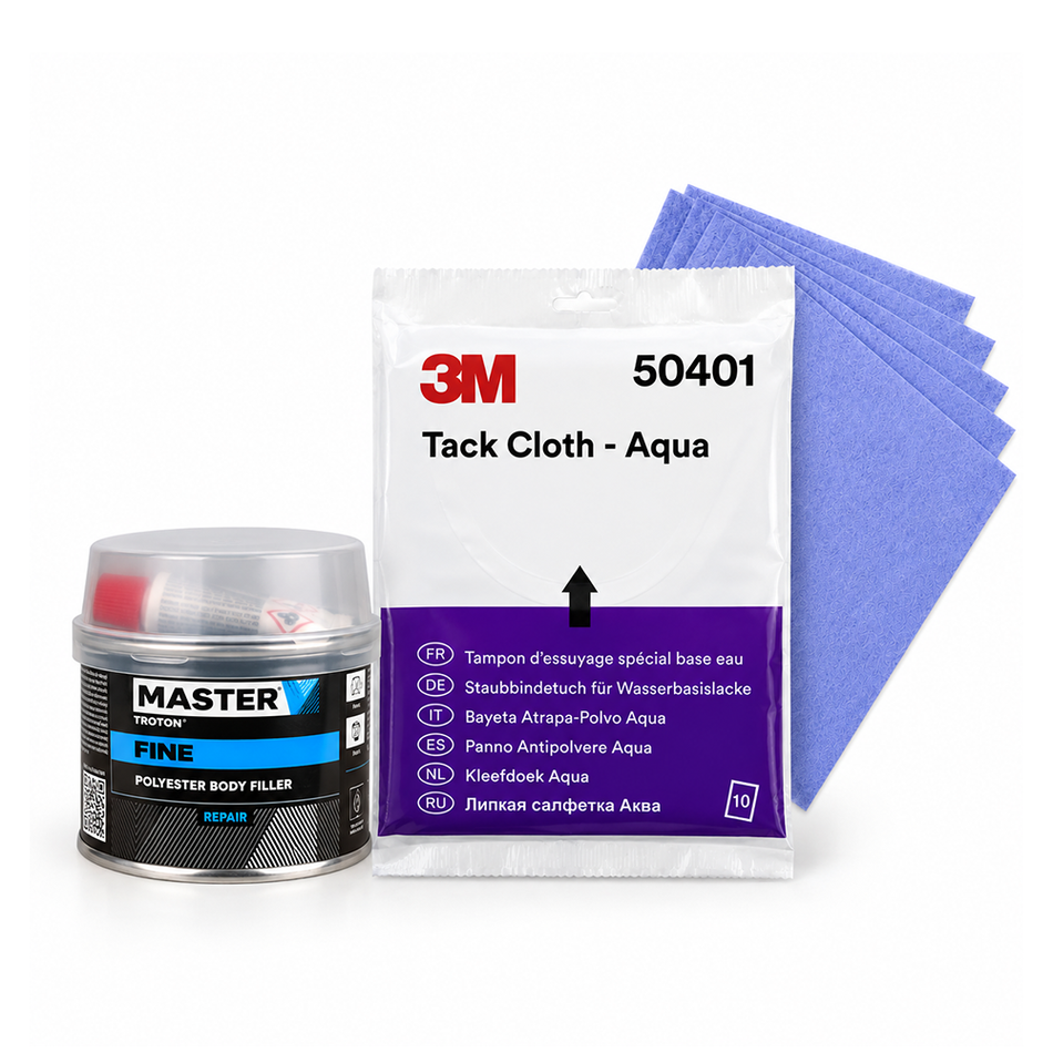 Troton Master Fine Filler 250g & 3M Aqua Tack Cloth 10 Pack Automotive Paint Prep Bundle