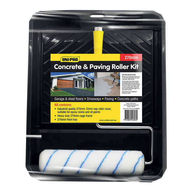 UNI-PRO 270mm Concrete & Paving Roller Kit 12mm Nap All Paint Solvent Resistant