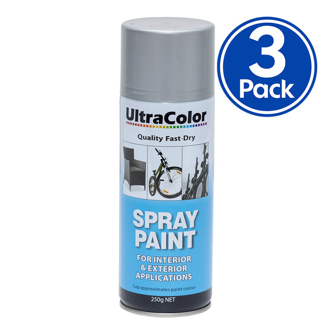 ULTRACOLOR Spray Paint Fast Drying Interior Exterior 250g Aluminium x 3 Cans