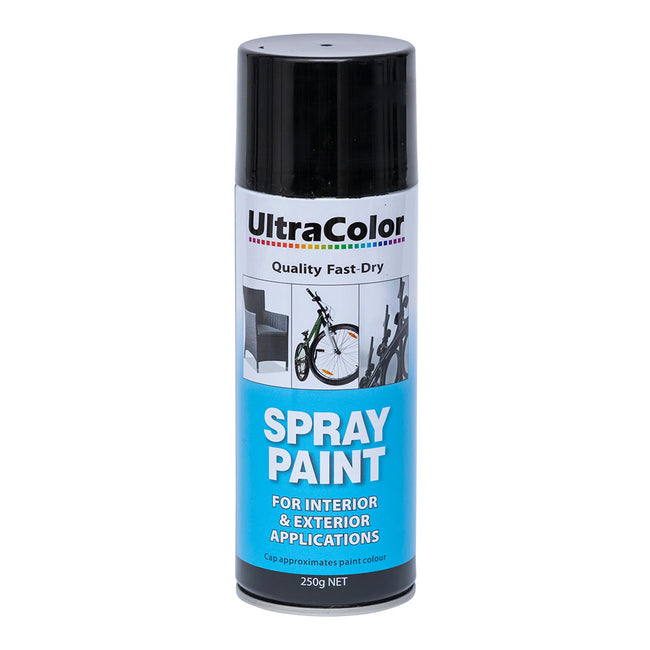 ULTRACOLOR Spray Paint Fast Drying Interior Exterior 250g Black Gloss Cans