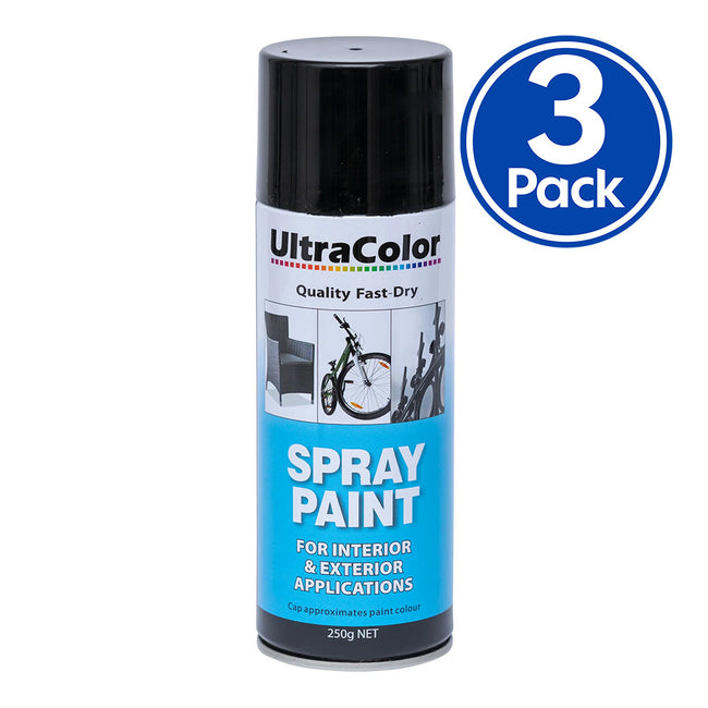 ULTRACOLOR Spray Paint Fast Drying Interior Exterior 250g Black Gloss x 3 Cans