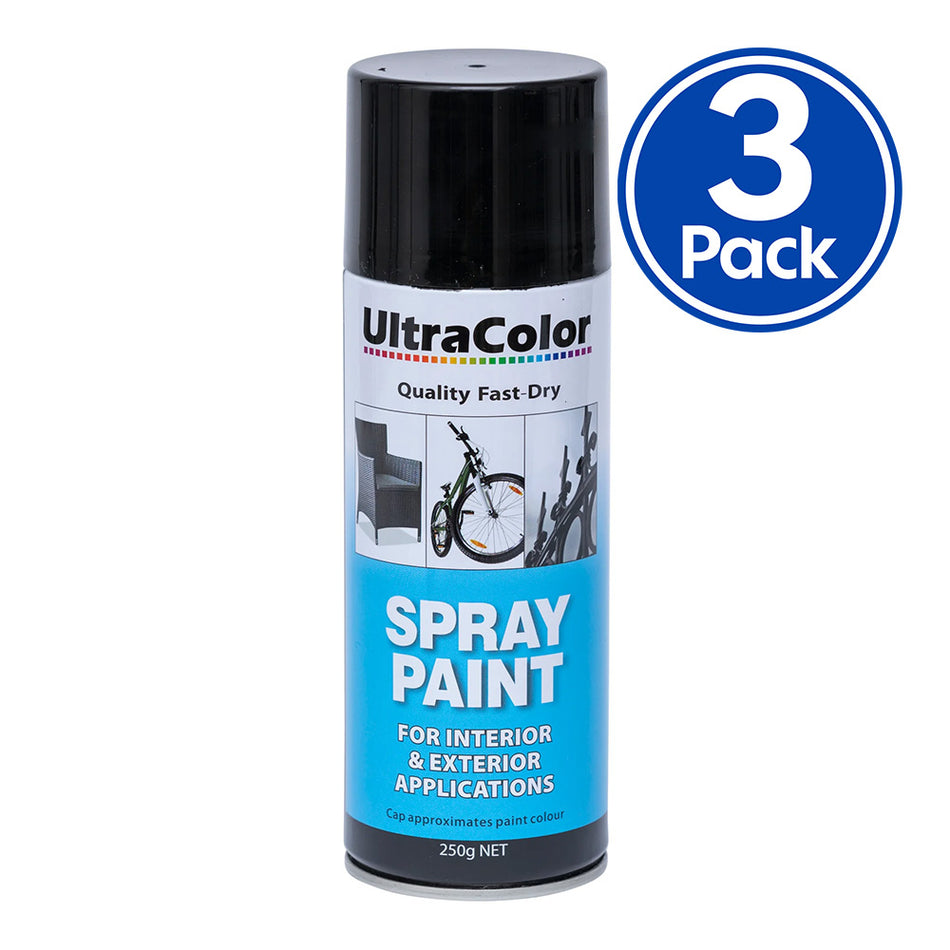 ULTRACOLOR Spray Paint Fast Drying Interior Exterior 250g Black Gloss x 3 Cans