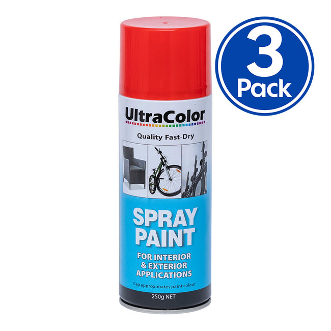 ULTRACOLOR Spray Paint Fast Drying Interior Exterior 250g Bright Red x 3 Cans
