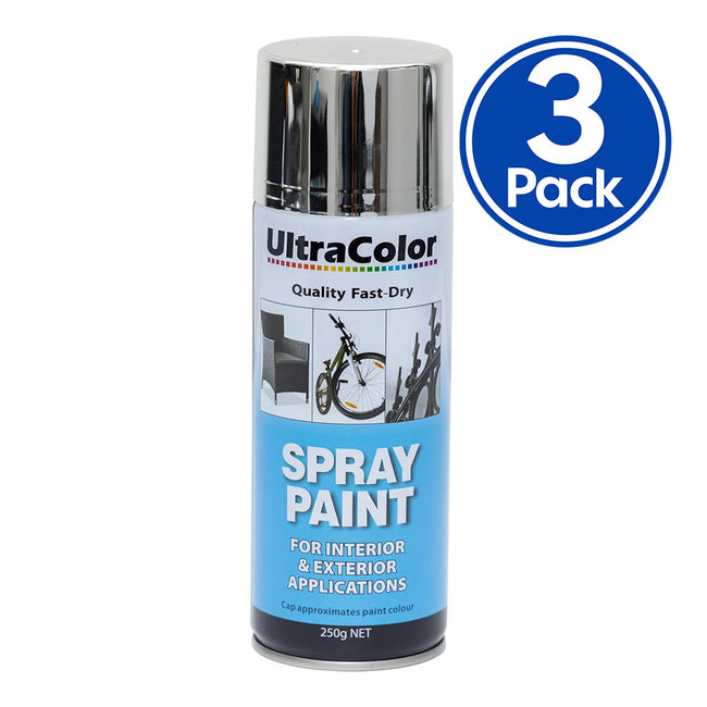 ULTRACOLOR Spray Paint Fast Drying Interior Exterior 250g Chrome x 3 Cans