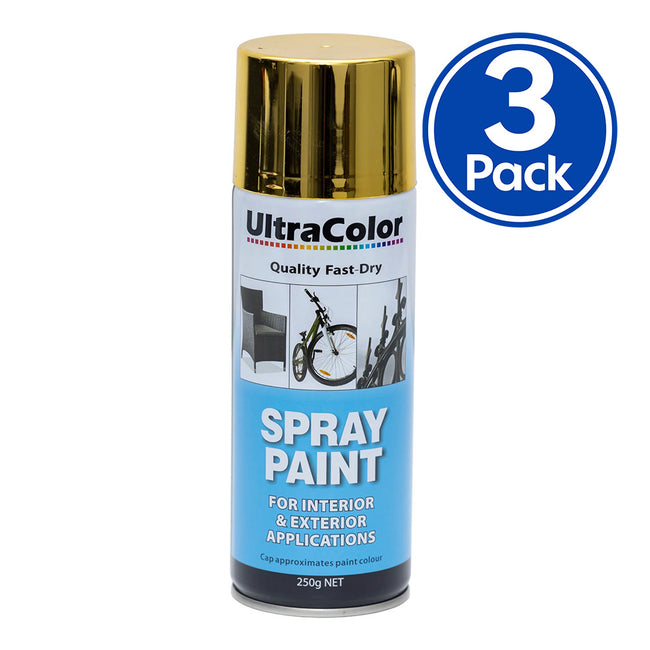 ULTRACOLOR Spray Paint Fast Drying Interior Exterior 250g Gold x 3 Cans