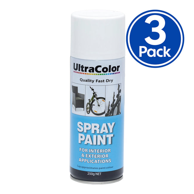 ULTRACOLOR Spray Paint Fast Drying Interior Exterior 250g Gloss White x 3 Cans