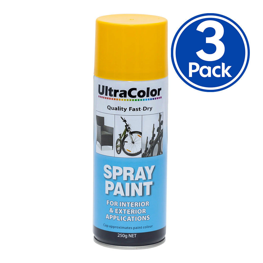 ULTRACOLOR Spray Paint Fast Drying Interior Exterior 250g Golden Yellow x 3 Cans