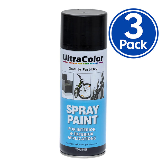 ULTRACOLOR Spray Paint Fast Drying Interior Exterior 250g Matt Black x 3 Cans