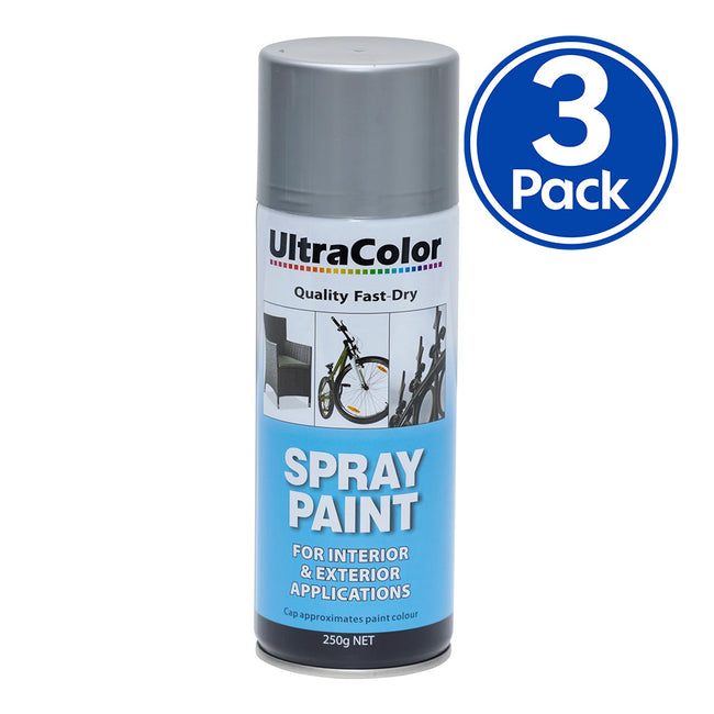 ULTRACOLOR Spray Paint Fast Drying Interior Exterior 250g Silver x 3 Cans