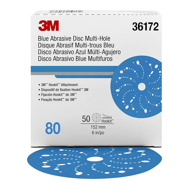 3M 36172 Hookit Blue Sandpaper Disc Multihole 150mm 80 Grit x 50 Pack Box