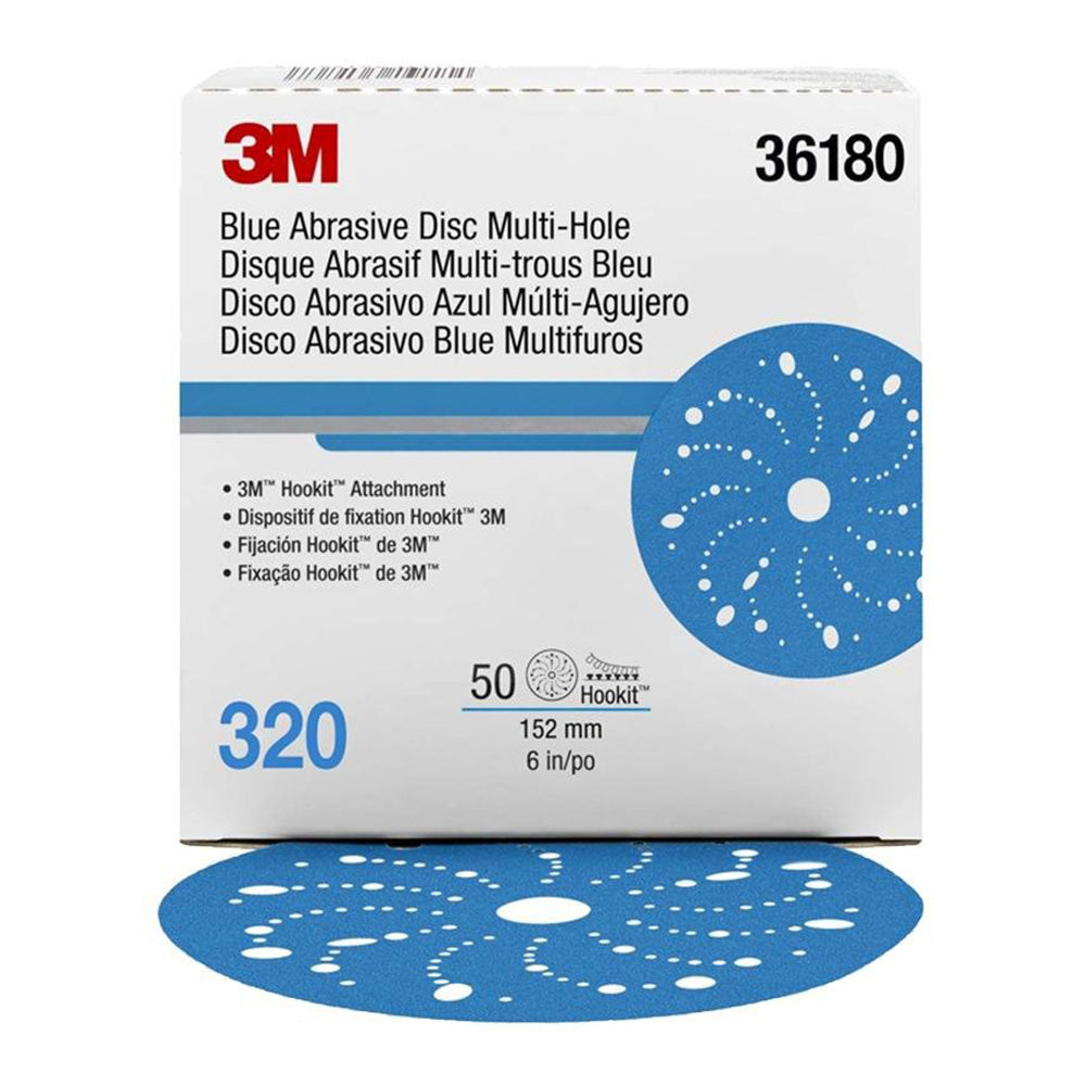 3M 36180 Hookit Blue Sandpaper Disc Multihole 150mm 320 Grit x 50 Pack Box