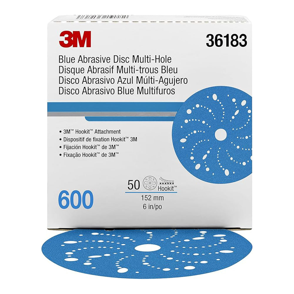 3M 36183 Hookit Blue Sandpaper Disc Multihole 150mm 600 Grit x 50 Pack Box