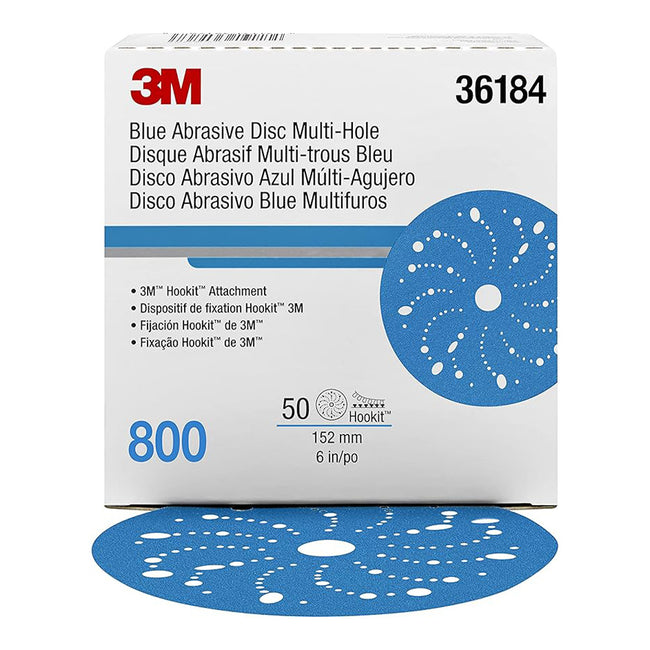 3M 36184 Hookit Blue Sandpaper Disc Multihole 150mm 800 Grit x 50 Pack Box