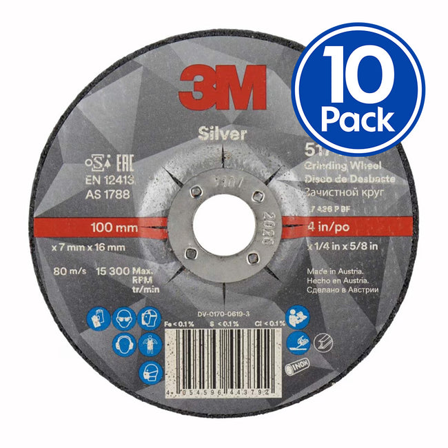 3M 51746 Silver Depressed Centre Grinding Wheel 100x7x16mm x 10 Pack