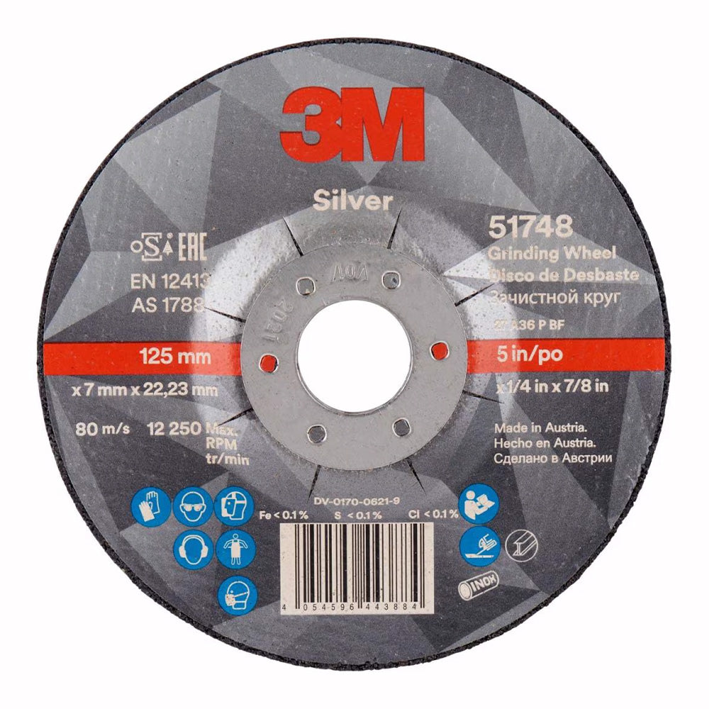 3M 51748 Silver Depressed Centre Grinding Wheel 125x7x22mm