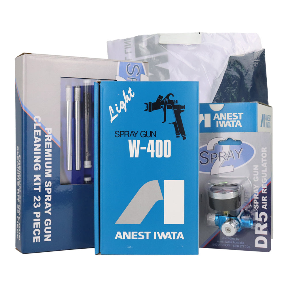 ANEST IWATA W400 6 Piece Kit BA2 1.3mm Gravity Spray Gun Incl 2XL Suit Pot Reg