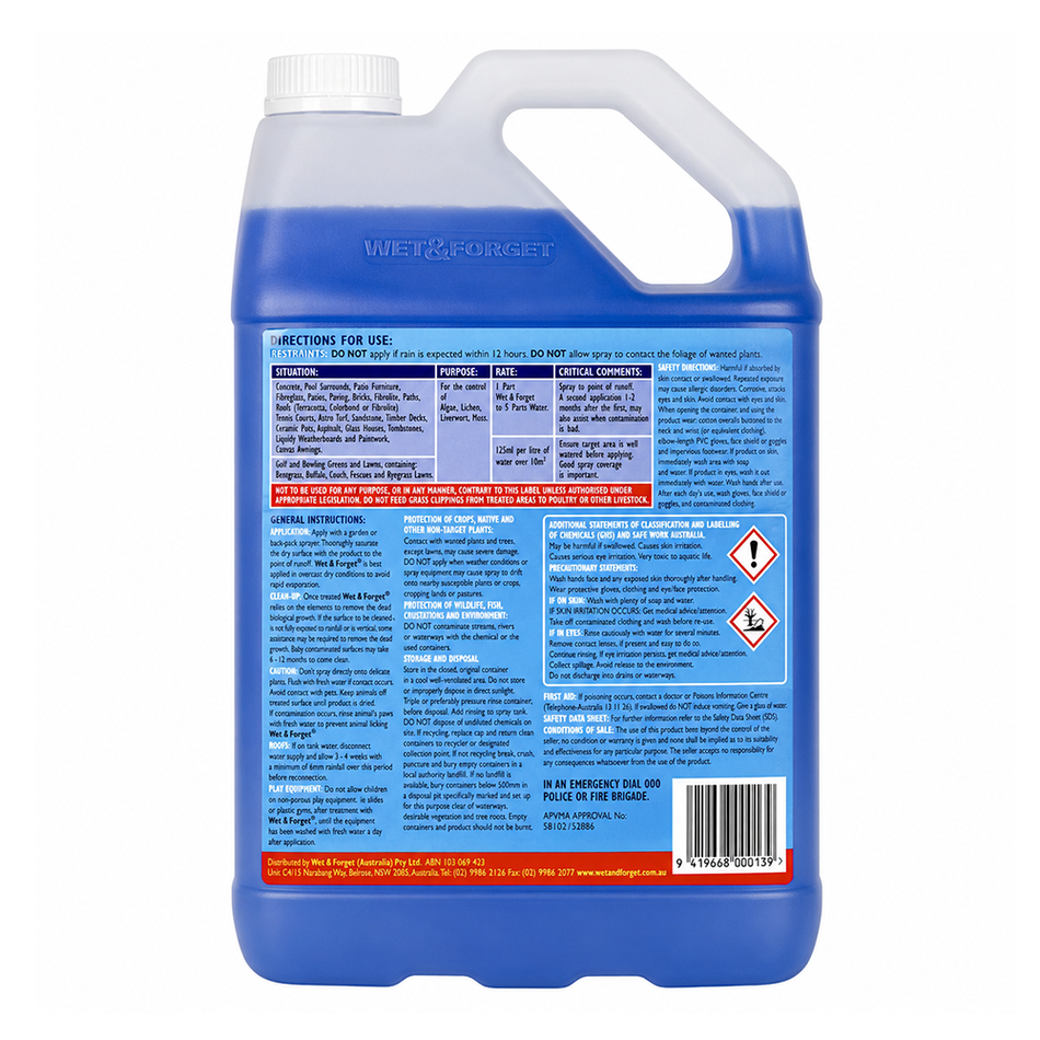WET & FORGET Moss Mould Lichen Remover 5L Outdoor Cleaner