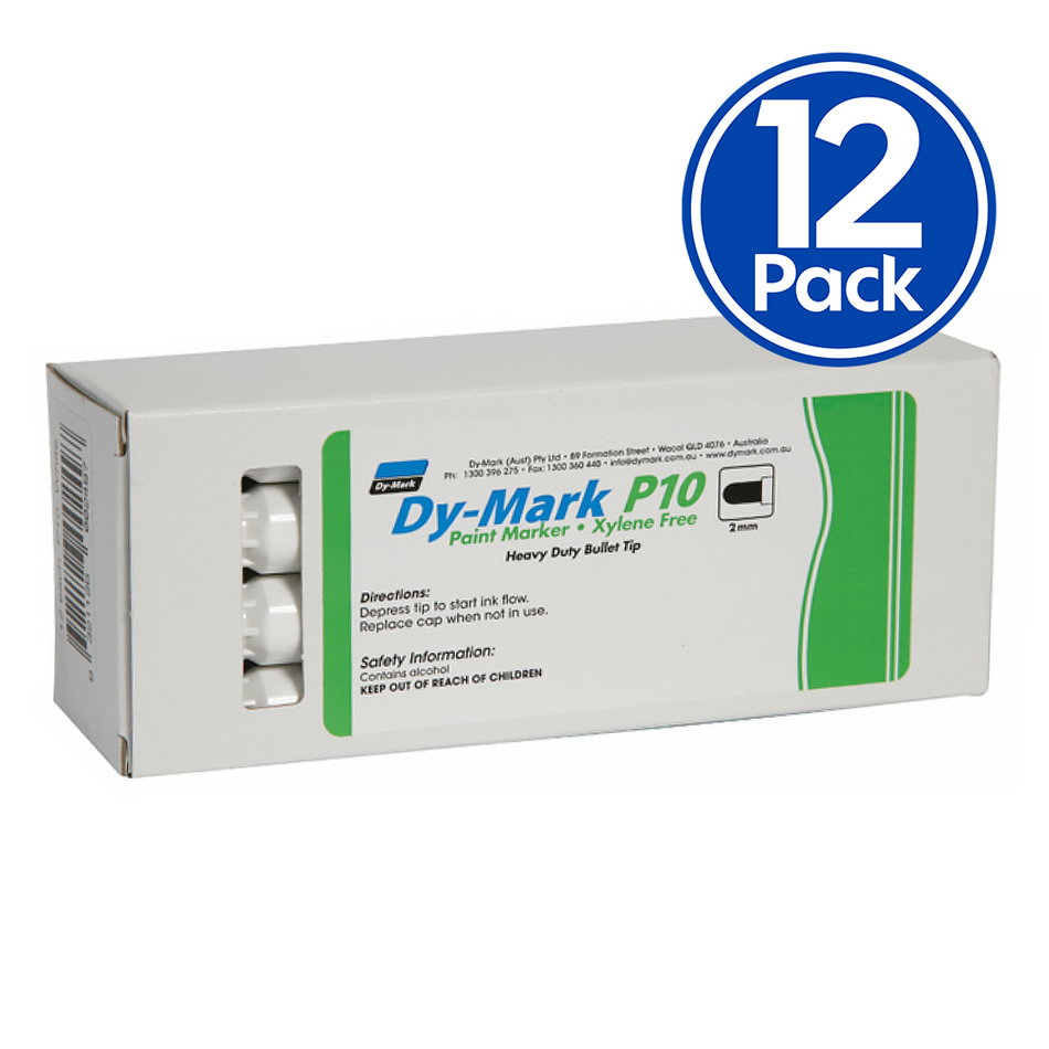 DY-MARK Paint Marker P10 Heavy Duty Bullet Tip White 2mm x 12 Pack