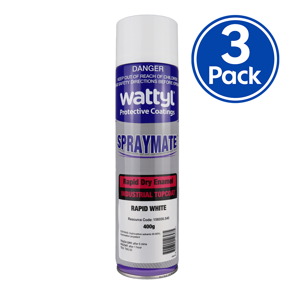 WATTYL Spraymate Industrial Quick Dry 1K Enamel Topcoat 400g Aerosol Gloss White x 3 Pack