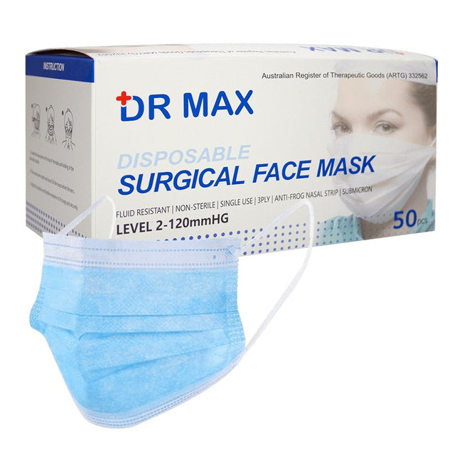 DR MAX 3 PLY Fluid Resistant Disposable Surgical Face Mask x 50 Pack