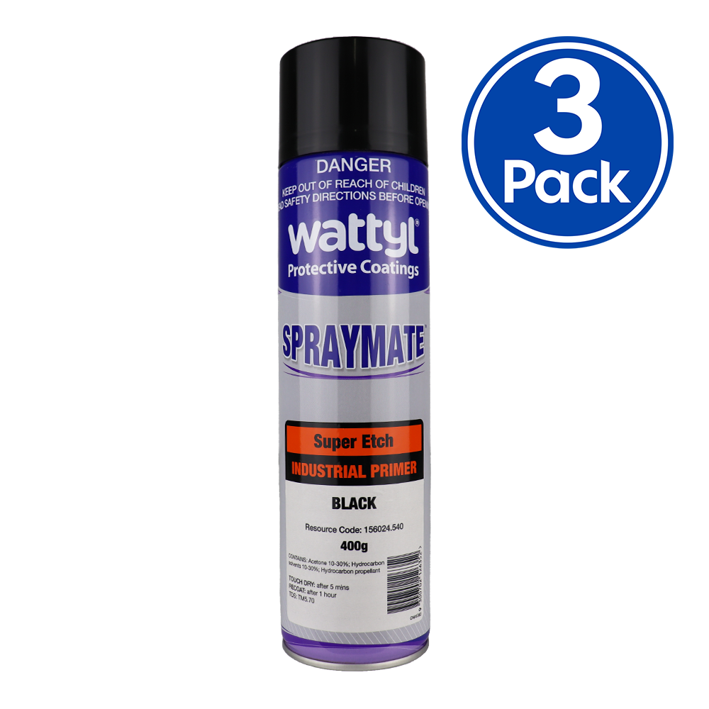 WATTYL Spraymate Super Etch 1K Epoxy Primer 400g Aerosol Black x 3 Pack