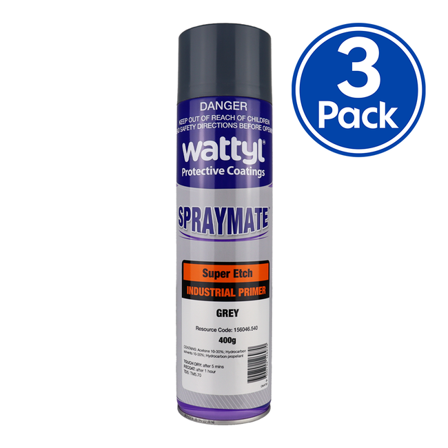 WATTYL Spraymate Industrial Super Etch 1K Epoxy Primer 400g Aerosol Grey x 3 Pack
