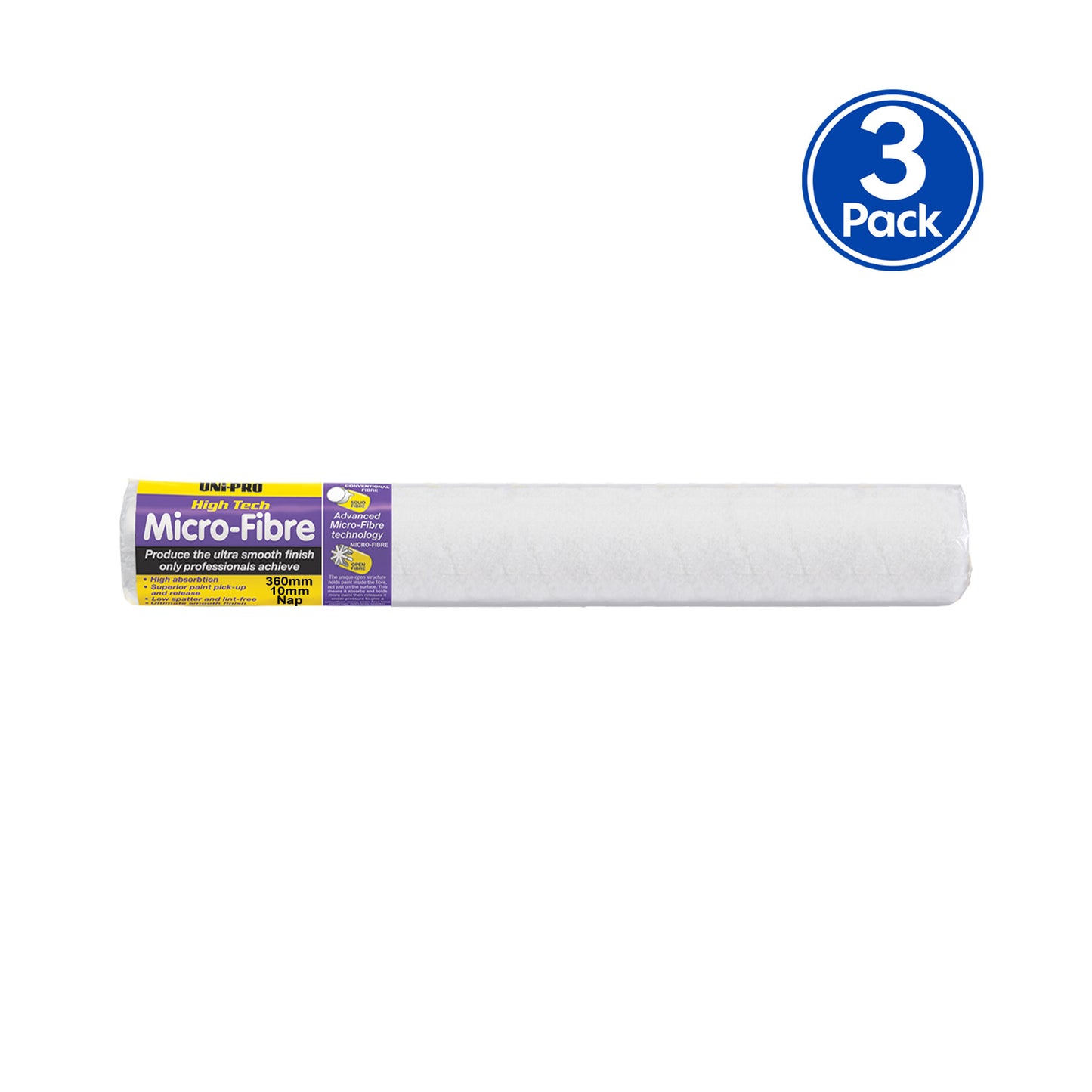 UNi-PRO High Tech Micro-Fibre 360mm Roller Cover 10mm Nap Smooth Finish x3