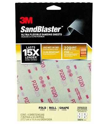 3M 28220SB-UF4 SandBlaster Ultra Flexible Fine 220 Grit Sandpaper x 4 Sheets