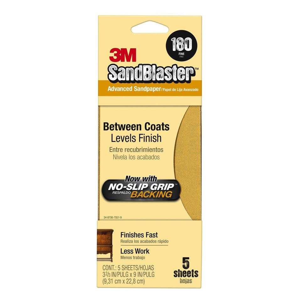 3M Sandblaster Grit Sandpaper No-Slip Backing 9cm x 23cm 11180-G 180 Grit x 5