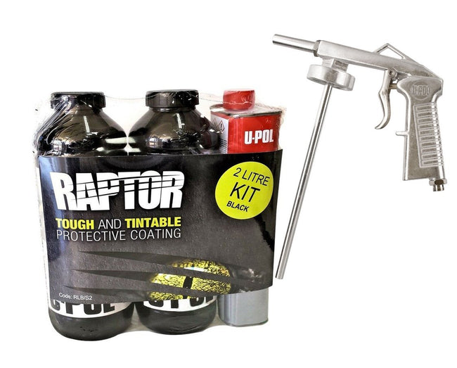 U-Pol Raptor Black Tough Protective Coating Tub/Bed Liner Kit 2L + Schutz Gun