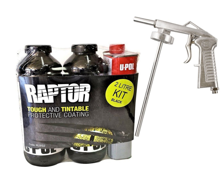 U-Pol Raptor Black Tough Protective Coating Tub/Bed Liner Kit 2L + Schutz Gun