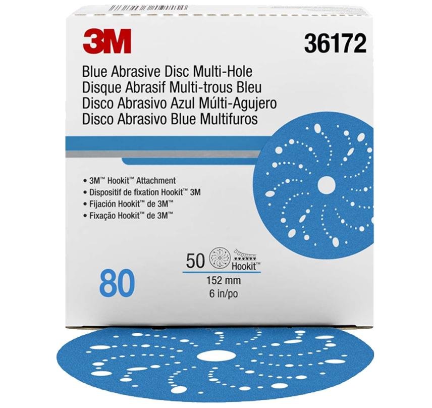 3M 36172 Hookit Blue Sandpaper Disc Multihole 150mm 80G x 50 Pack