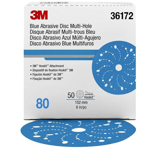 3M Hookit Blue Abrasive Disc Multihole 6 inch 150mm 80G 36172 50 Pack Sandpaper