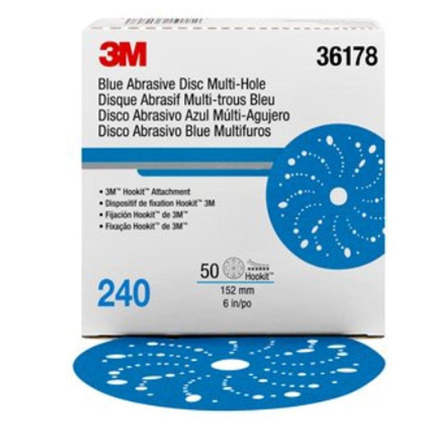 3M Hookit Blue Abrasive Disc Multihole 6 inch 150mm 240G 36178 50 Pack Sandpaper