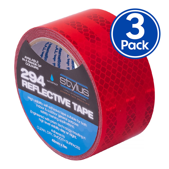 STYLUS 294 Reflective Tape 48mm x 5m x 3 Pack Red Waterproof High Visibility
